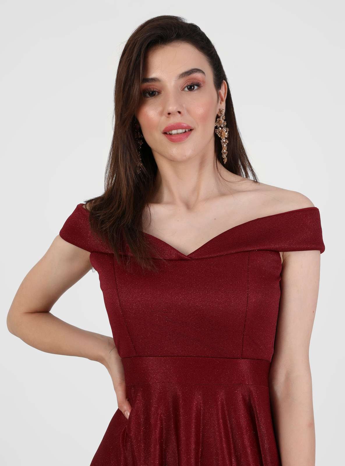 MEKSİLA Kayık Yaka Simli Abiye Elbise - Mürdüm