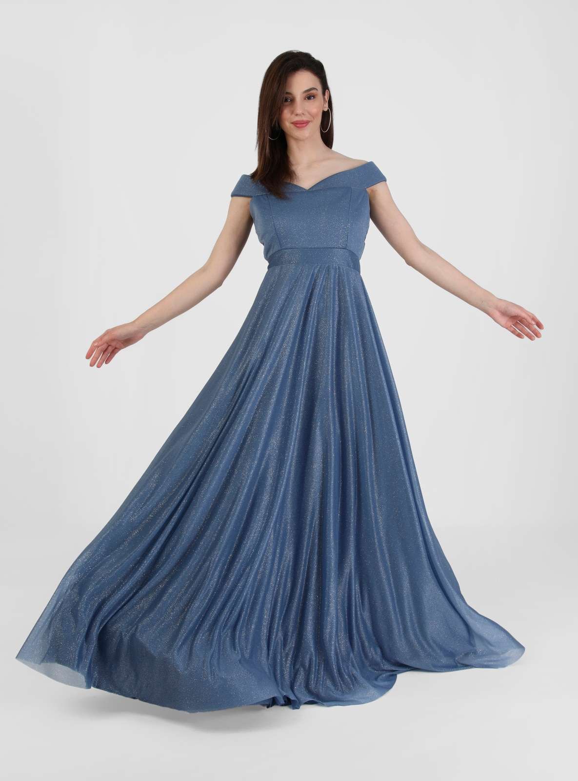 MEKSİLA Kayık Yaka Simli Abiye Elbise - İndigo