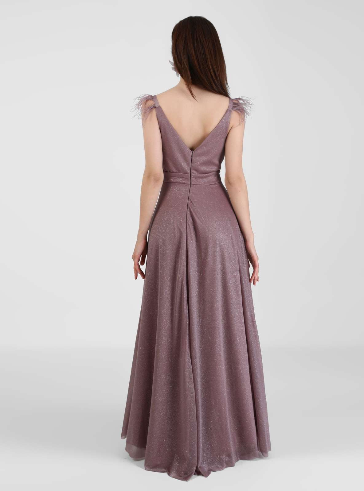 MEKSİLA Kruvaze Yaka Simli Abiye Elbise - Pudra