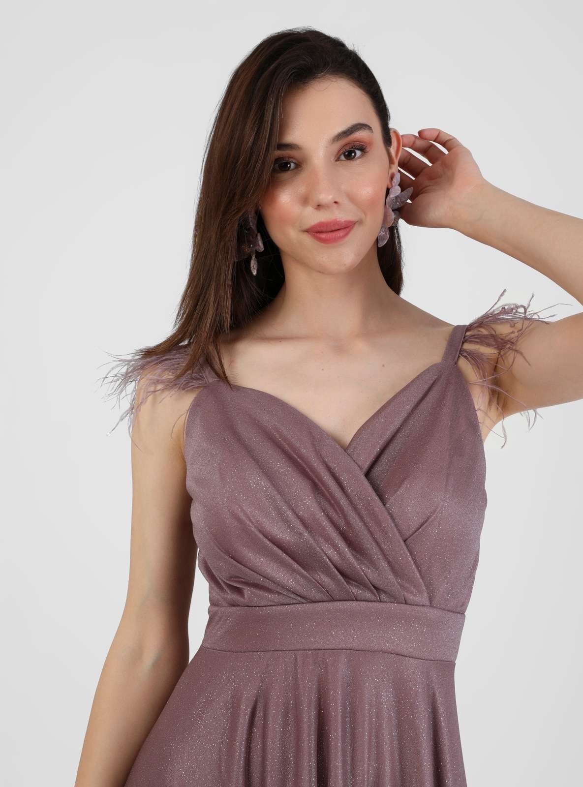 MEKSİLA Kruvaze Yaka Simli Abiye Elbise - Pudra