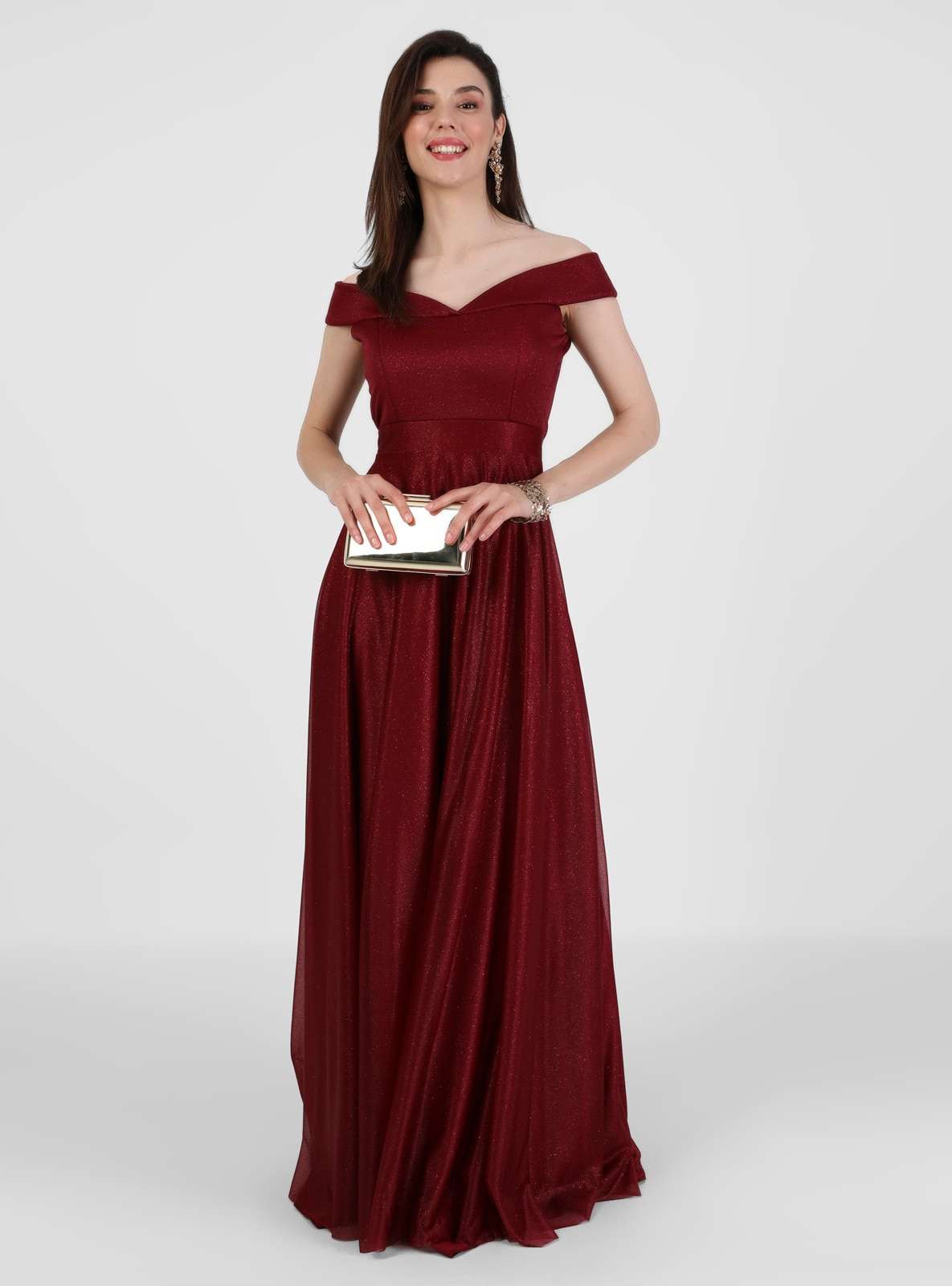 MEKSİLA Kayık Yaka Simli Abiye Elbise - Mürdüm