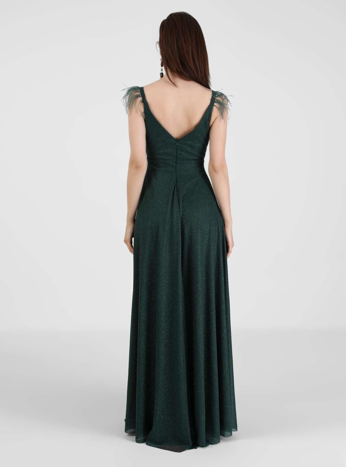 MEKSİLA Kruvaze Yaka Simli Abiye Elbise - Zümrüt