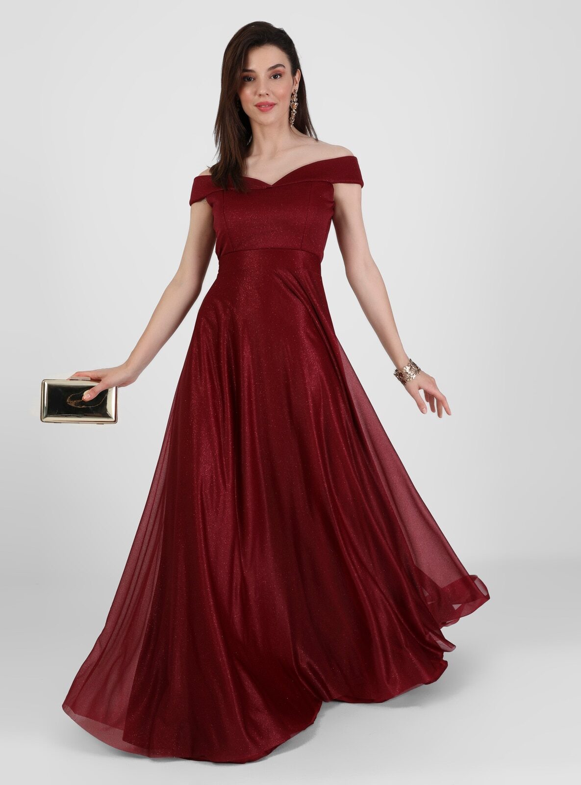 MEKSİLA Kayık Yaka Simli Abiye Elbise - Mürdüm