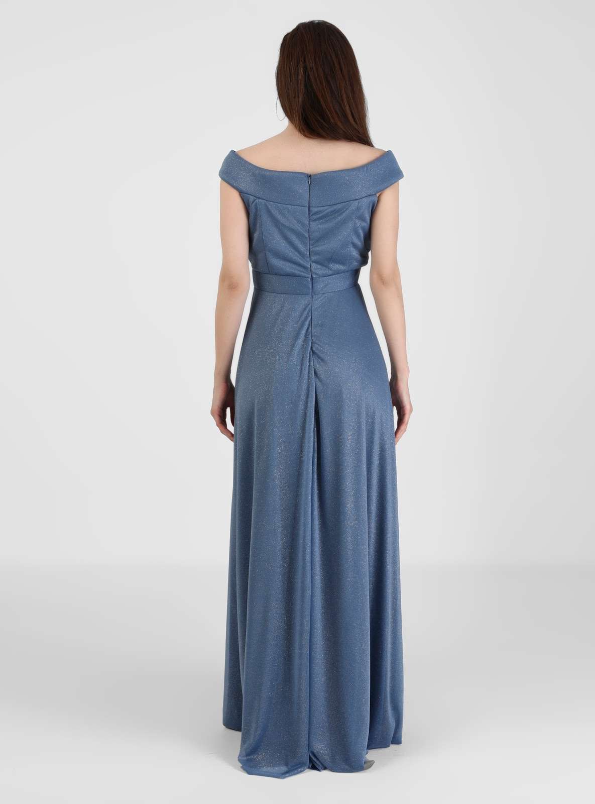 MEKSİLA Kayık Yaka Simli Abiye Elbise - İndigo