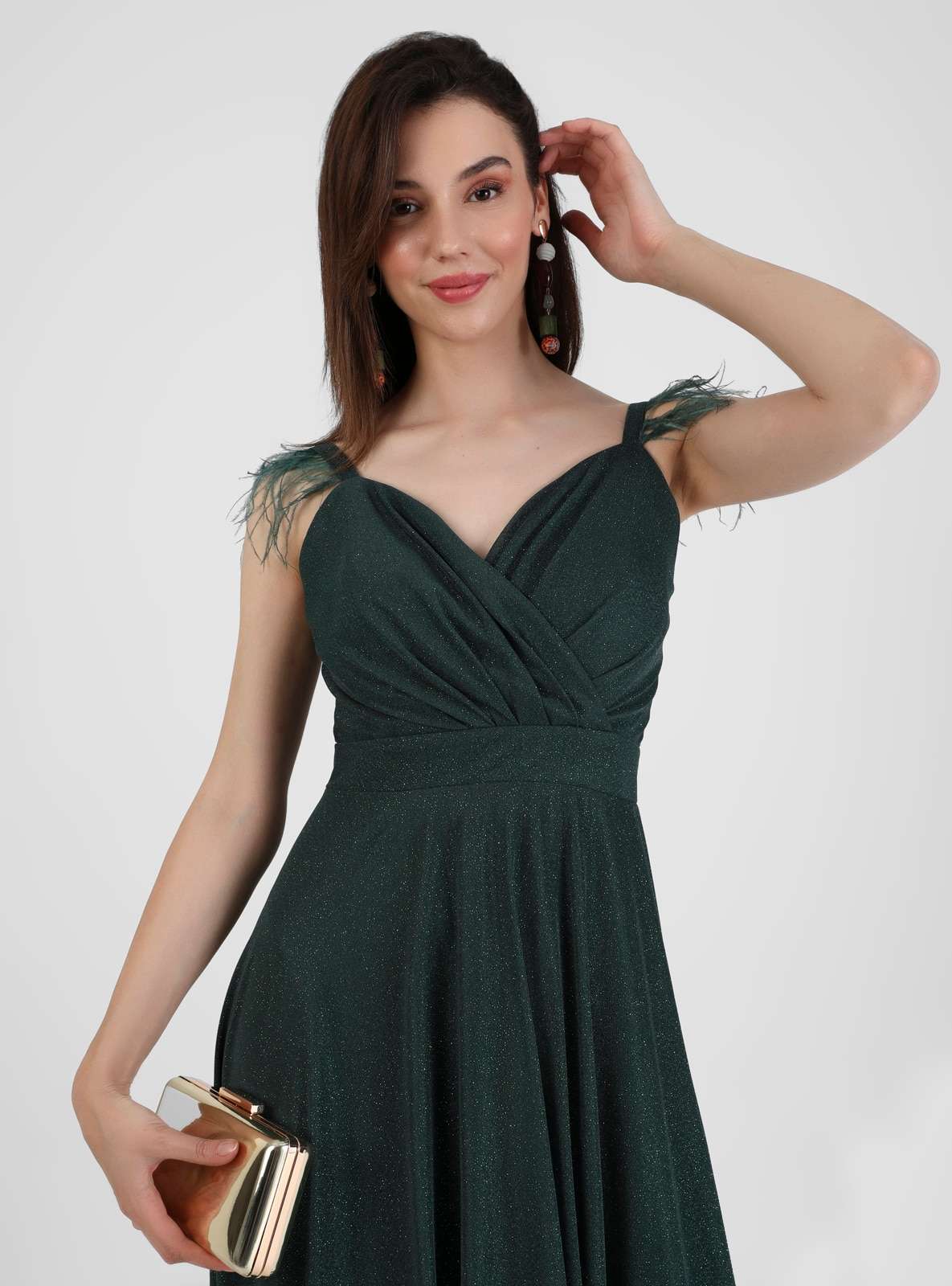 MEKSİLA Kruvaze Yaka Simli Abiye Elbise - Zümrüt