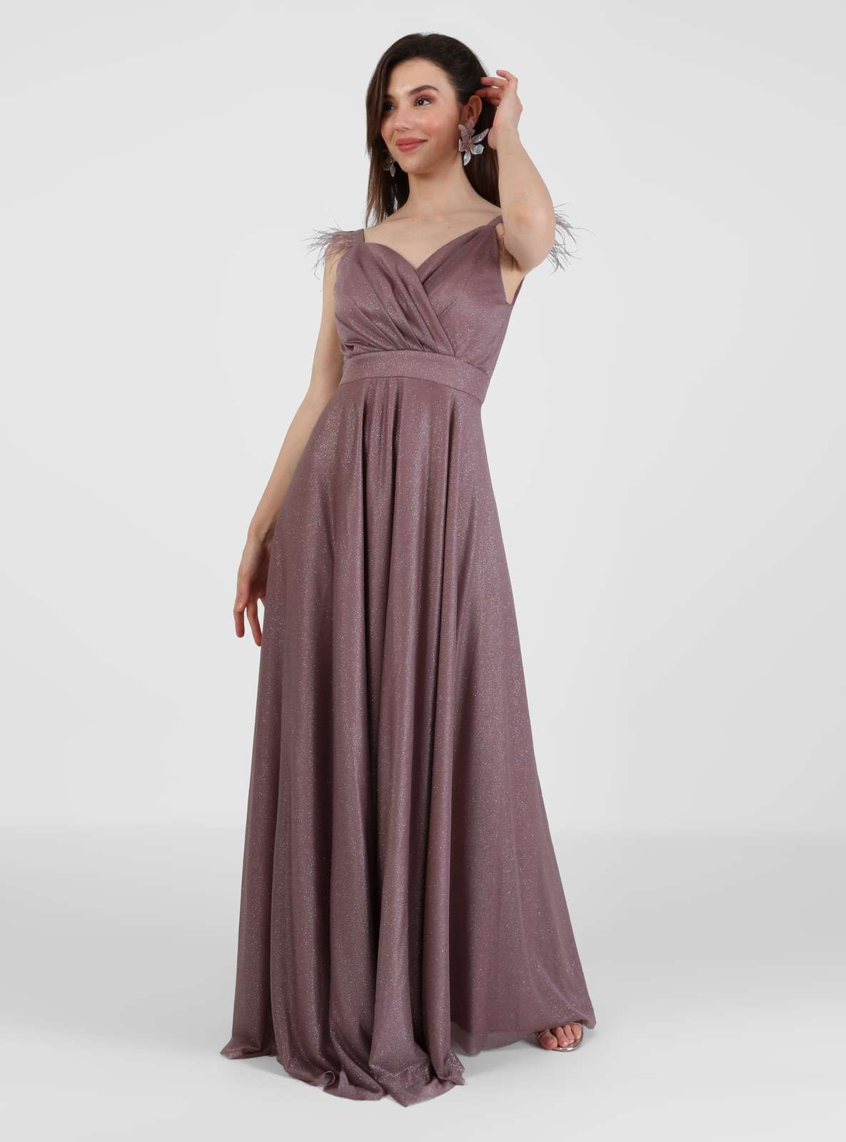 MEKSİLA Kruvaze Yaka Simli Abiye Elbise - Pudra