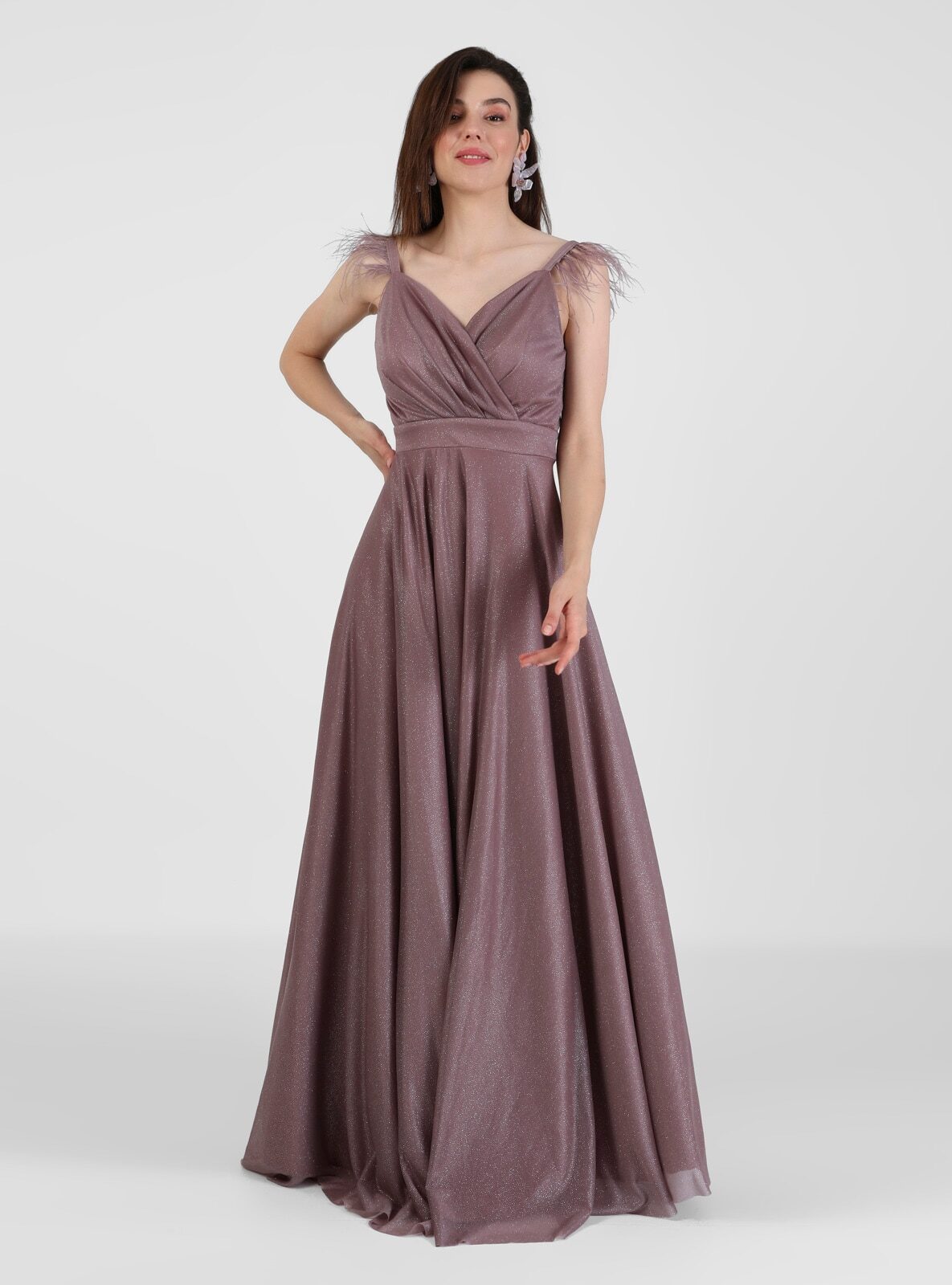 MEKSİLA Kruvaze Yaka Simli Abiye Elbise - Pudra