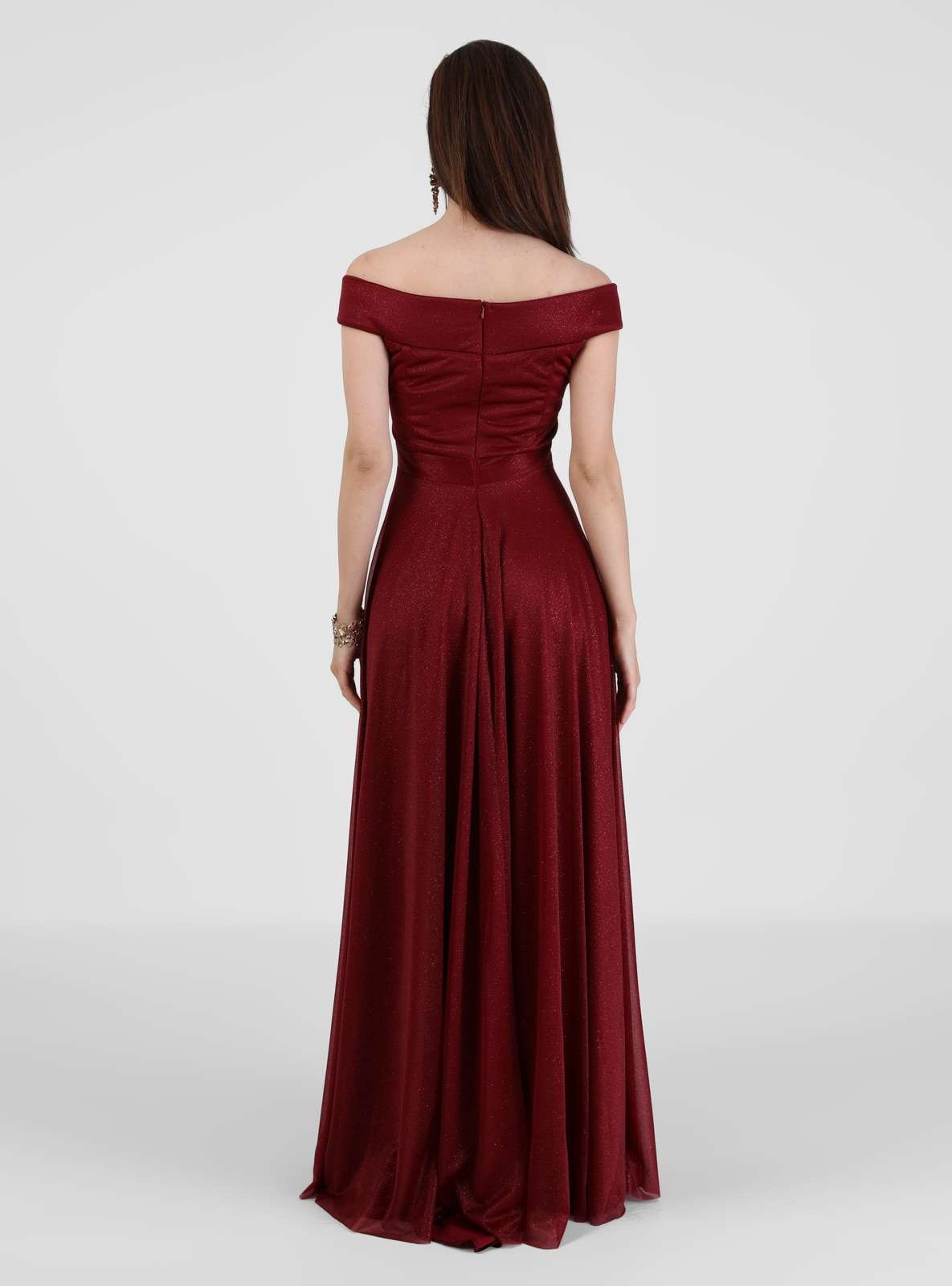 MEKSİLA Kayık Yaka Simli Abiye Elbise - Mürdüm